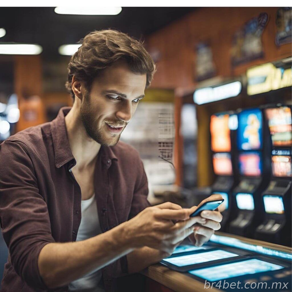 Homem com celular apostando em aplicativo de aposta esportiva Homem com celular apostando em aplicativo de aposta esportiva