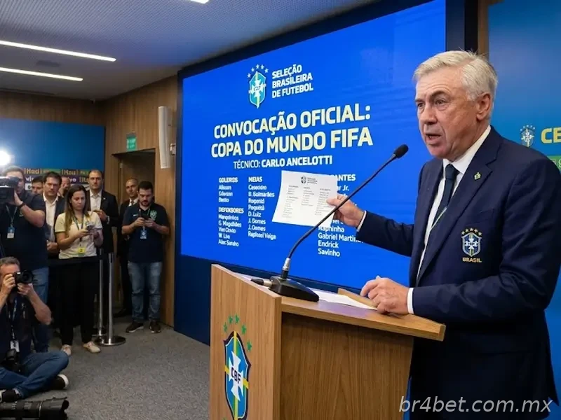 Técnico Carlo Ancelotti anunciando a convocação da Seleção Brasileira para a Copa do Mundo.