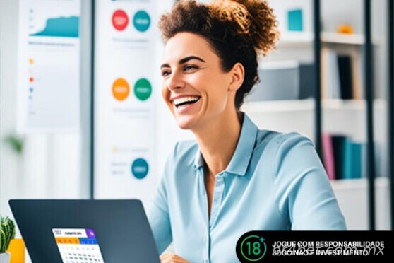 Mulher sorrindo na frente do computador