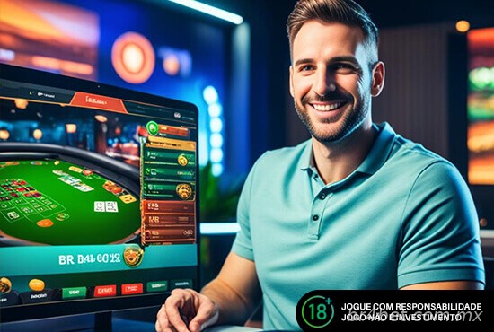 Homem feliz jogando na tela do computador
